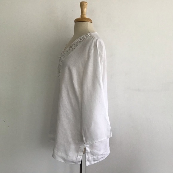 JM Collection White Linen V-Neck 3/4 sleeve Mirror & Sequins Neck Boho Tunic XL - Picture 5 of 7